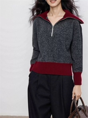 2025年秋季套头时尚百搭花纱半开拉链高领短款毛衣针织打底衫，女装针织衫/毛衣，织己羊绒