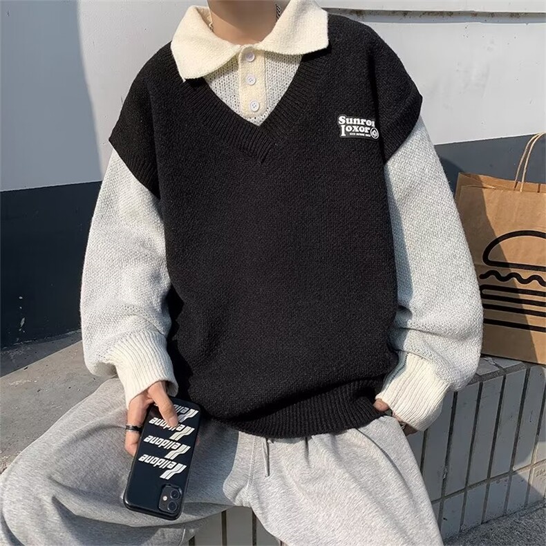 假两件毛衣男秋冬新款宽松潮牌学院风针织衫青少年外套M9141-p53,男装针织衫/毛衣,星座1008