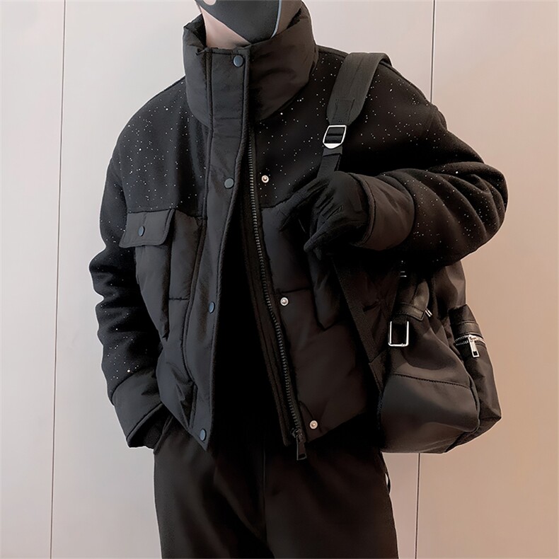 B04/P108控148冬季高级感满天星亮片短款拼接呢子棉衣外套男黑首1,男装棉衣,星座305B