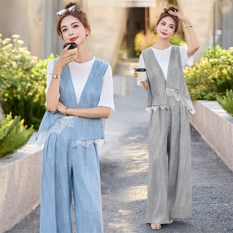 高级设计感亚麻套装女2025夏季新款大气贵夫人时尚薄款马甲三件套图片