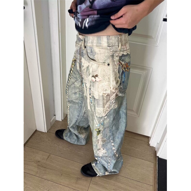 覆古蕾丝珍珠炼条印花牛仔裤男款高街宽松直筒阔腿裤子NG202,男装牛仔裤,星座1116A（原606A-3）