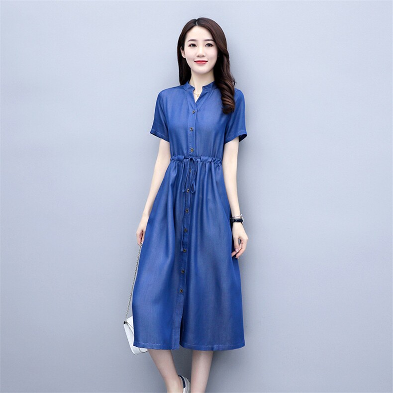 天丝牛仔衬衫连衣裙2024年夏季V领时髦收腰显瘦洋气减龄夏天裙子A,女装连衣裙,木橙西子