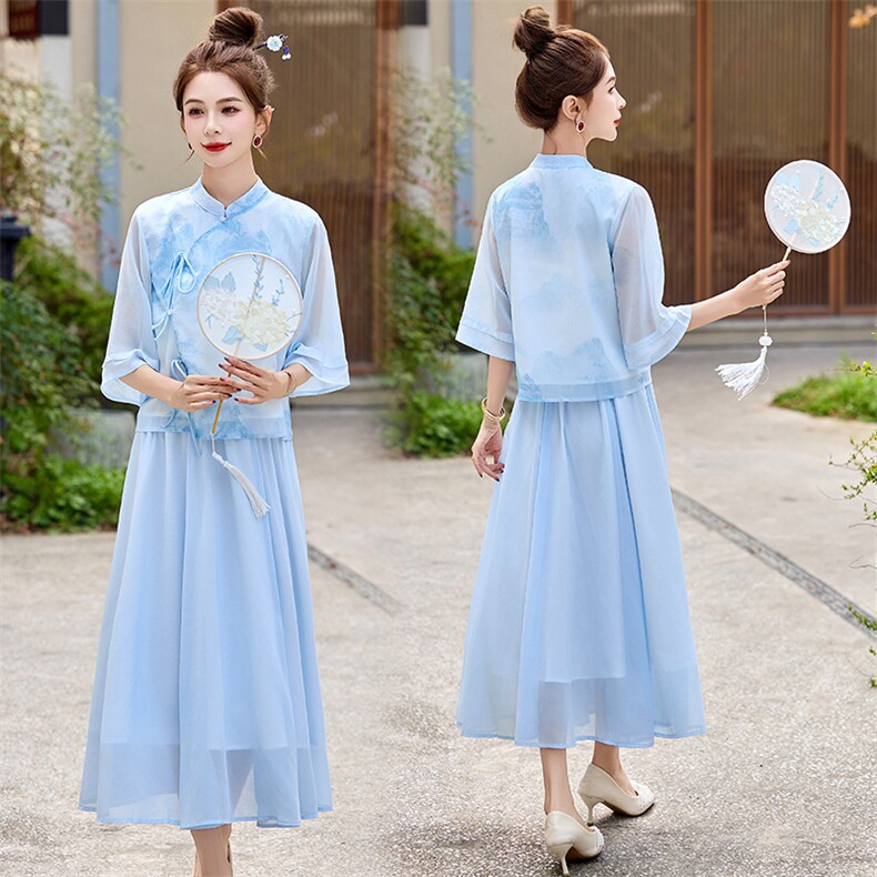 新风中式改良水墨印花汉服套装裙289P135,女装套装/套裙,乐衣轩
