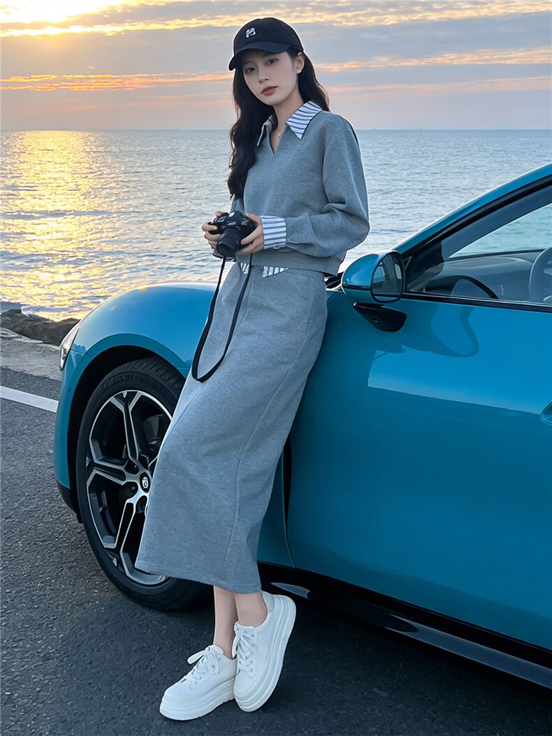 设计感气质时尚套装女秋季新款拼接衬衫领假两件卫衣半身裙两件套,女装套装/套裙,江南