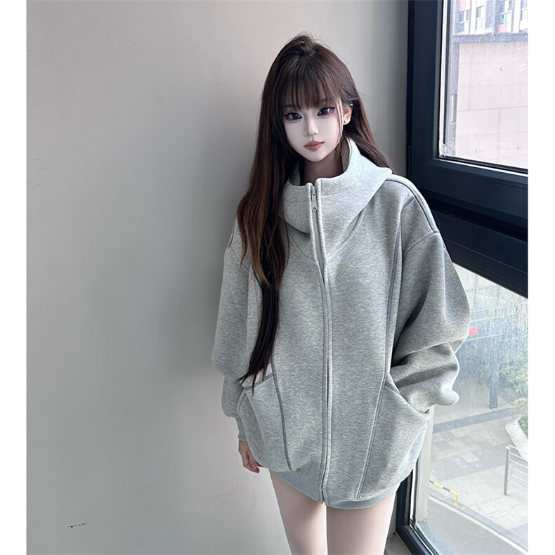 抖音得物高品质秋冬美式高街重磅结构辑明线纹理连帽卫衣外套W111图片