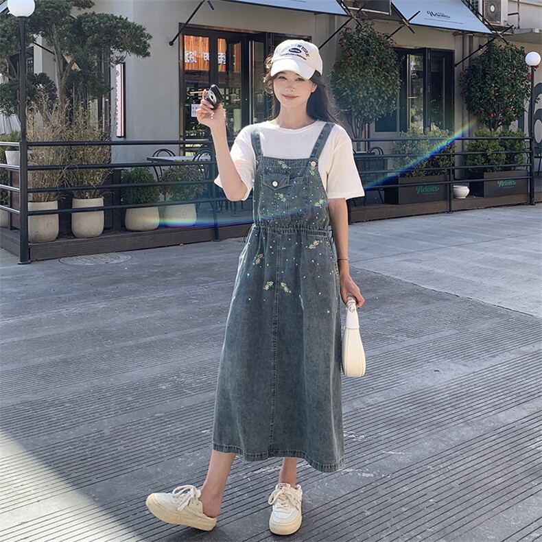 夏季减龄刺绣背带裙两件套显瘦牛仔套装,女装套装/套裙,帛锦泉