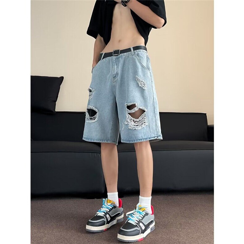 夏季宽松直筒五分牛仔短裤男破洞港风ins韩版休闲裤子M20633-P40,男装牛仔裤,星座1008