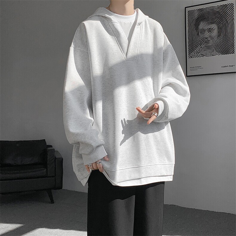 8XL-M叠穿假两件卫衣重磅连帽V领拼接套头衫宽松大码外套WY006P65,男装卫衣,电商B312