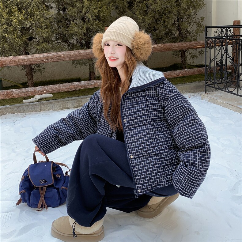 学院风格子羽绒服女2025冬新款短款翻领宽松外套加厚白鸭绒面包服,女装羽绒服,慧尚依恋