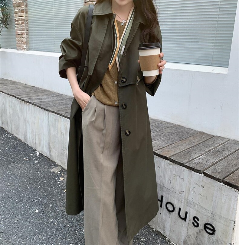 现货日系复古拼色长款风衣，女装风衣，汐美