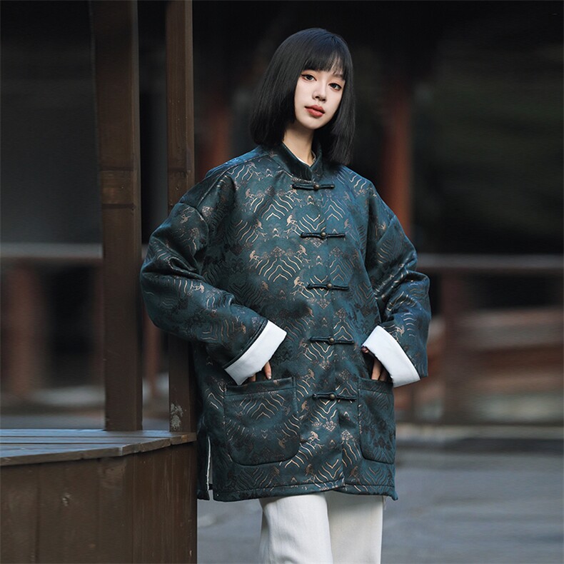 中性中式风江涯海浪烫金印花手工盘扣立领唐装铜扣外套JK100，男装民族服装，星座305A（原312A-1）