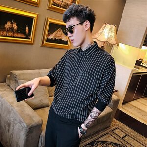 19夏季宽松衬衫男潮五分袖条纹花衬衣抗皱中袖衬衫S221图片