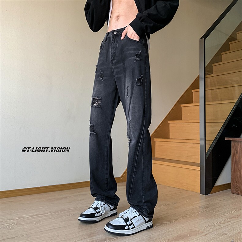 B221美式ins高街小众情侣款破洞微喇牛仔裤LK23001-P65控88,男装牛仔裤,电商B221