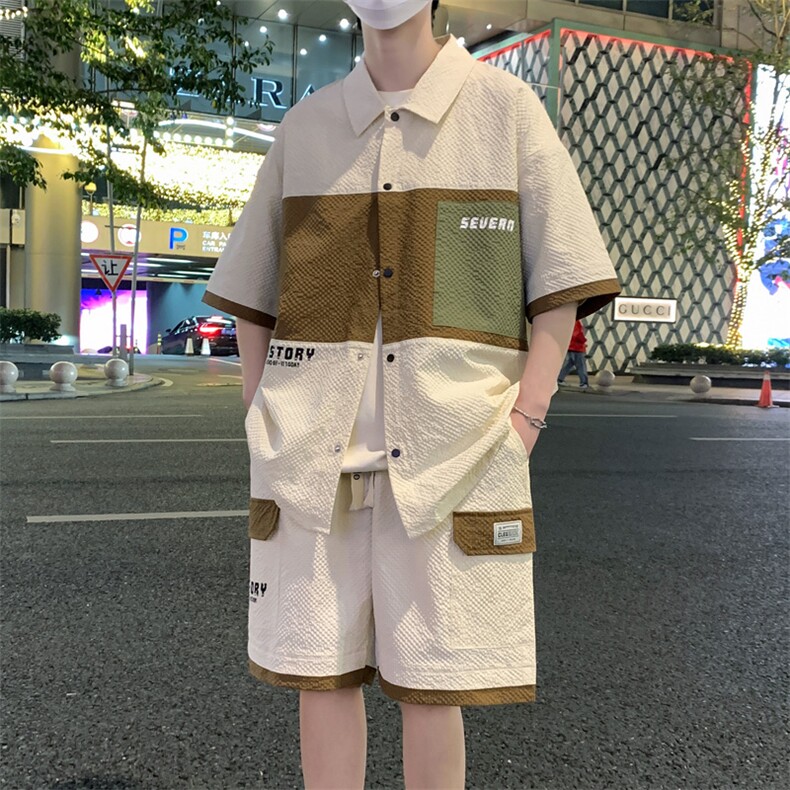 港风夏潮流印花拼接开衫宽松短袖衬衣短裤帅气套装A436-D218-P60,男装休闲套装,电商A436