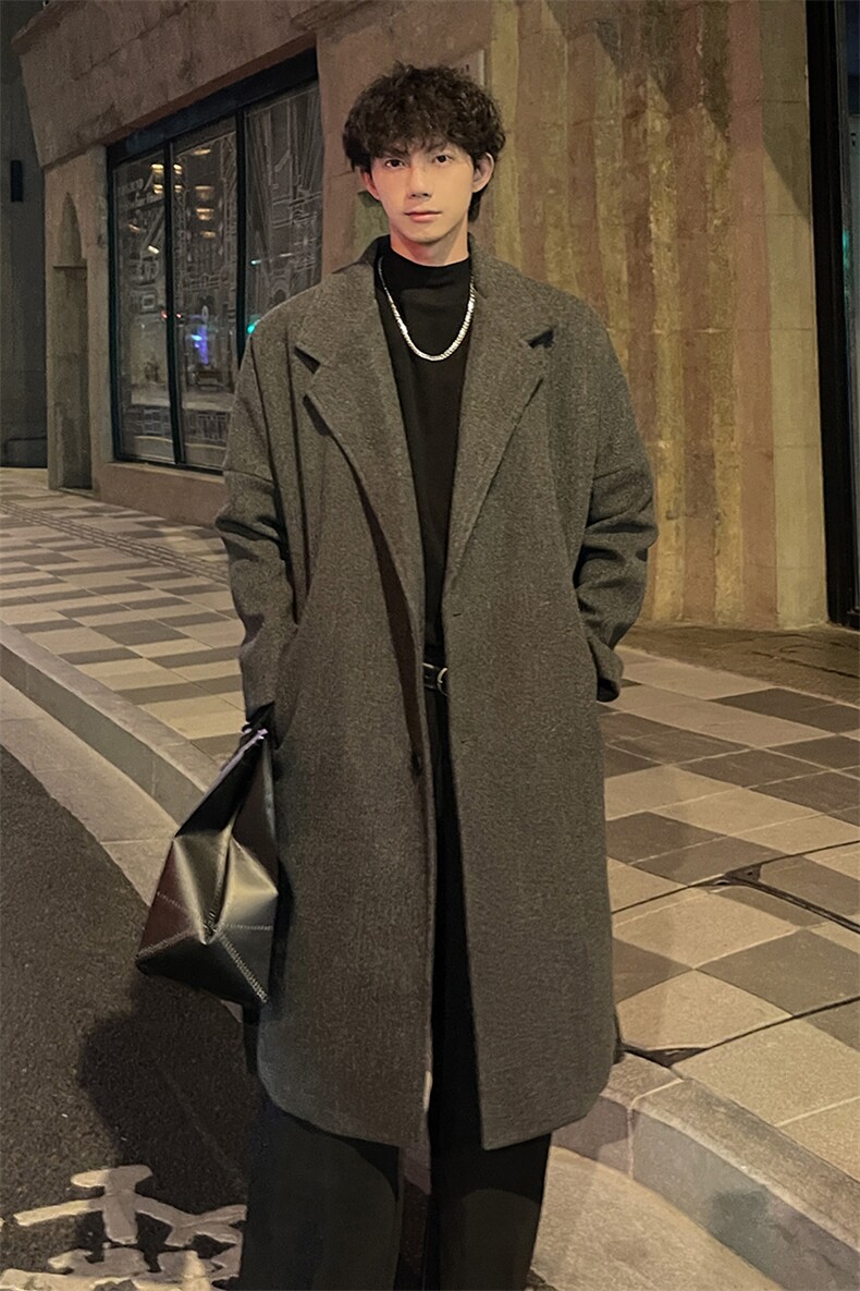 秋冬深灰毛呢大衣男潮风衣宽松中长西装外套MN9568/P100加棉P110,男装风衣,电商B316
