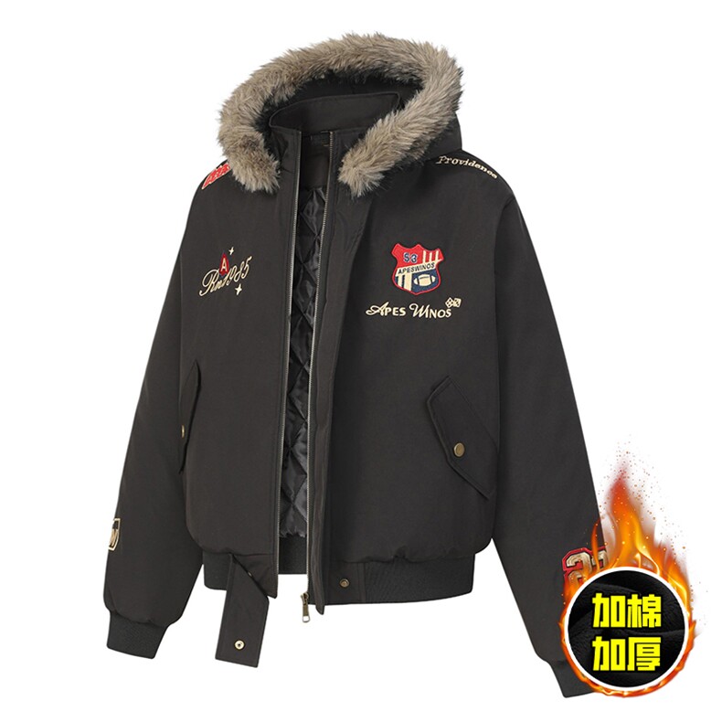 现货高品质美式高街重磅刺绣座山雕大毛毛领棉衣男女加厚棉服外套，男装棉衣，电商A486