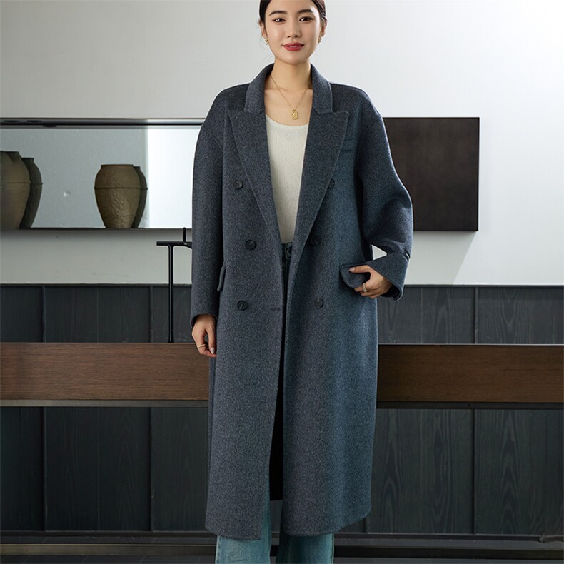 时尚百搭羊毛女士双面呢大衣优雅显瘦长款外套单品,女装双面呢大衣,岳达羊绒