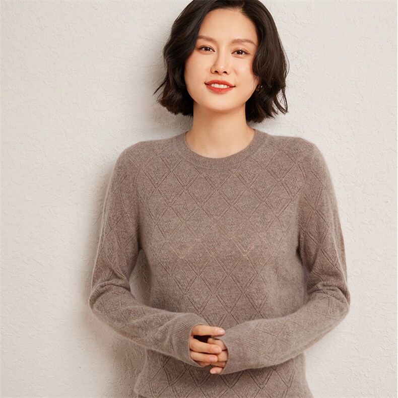 秋冬季35%羊绒65%羊毛休闲百搭12针镂空圆领羊绒衫,女装羊绒衫,广悦羊绒