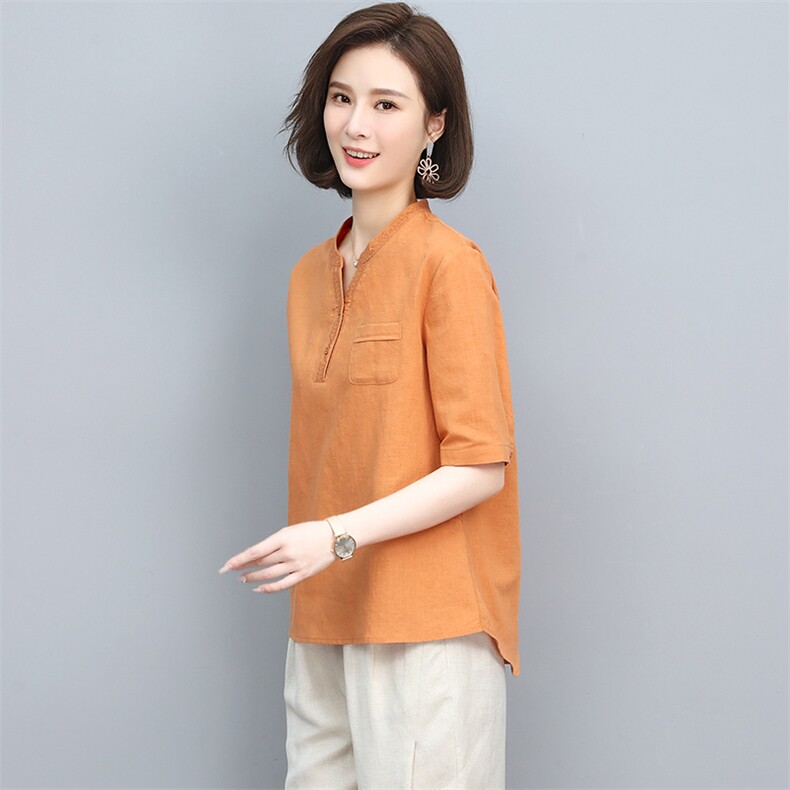 棉麻女2025夏季新款中年妈妈时尚大码休闲洋气减龄亚麻,女装T恤,忆绮罗