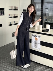复古牛仔套装女2025秋季新款短袖马甲上衣阔腿长裤套装，女装套装/套裙，瑶迪依秀