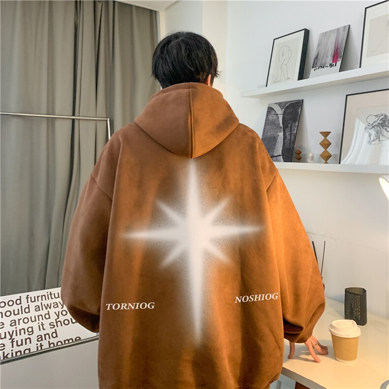 美式高街星星印花麂皮绒宽松落肩袖连帽卫衣JK23519特批45控78,男装卫衣,星座605(原A050)