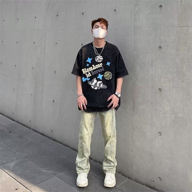 美式高街vibe水洗做旧黄泥染牛仔裤男春秋季直筒微喇显瘦堆积裤子,男装牛仔裤,星座506A