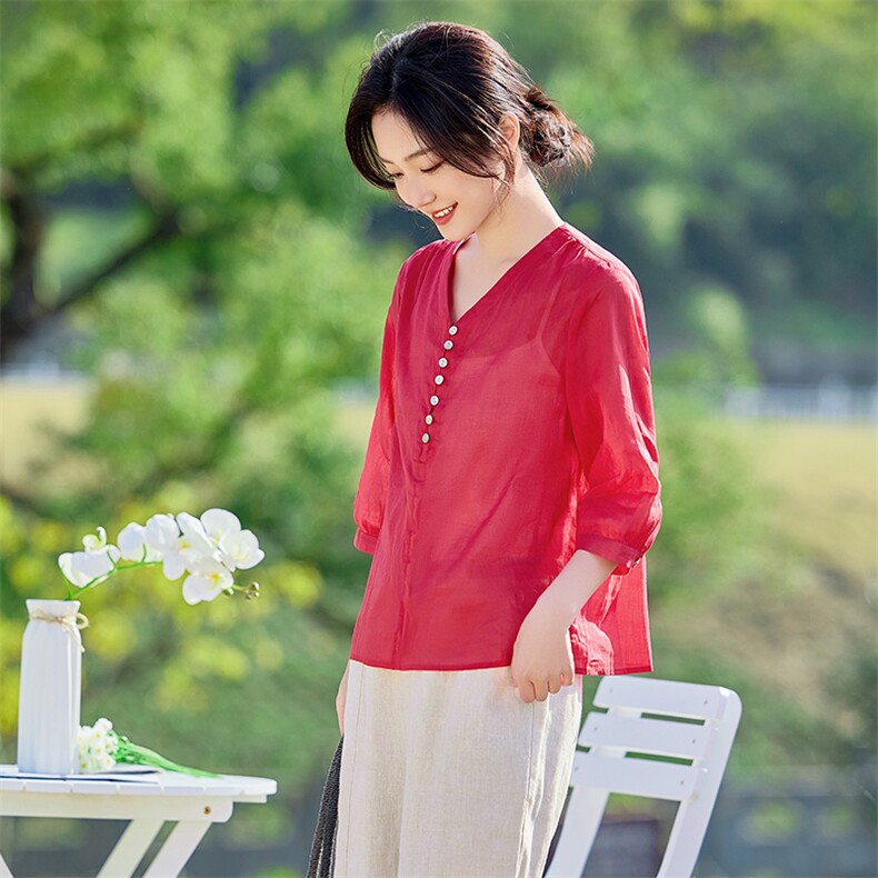 2026年夏季女短袖宽松亲肤透气文艺风，女装衬衫，江南依恋