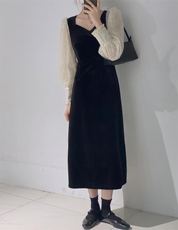 丝绒拼接袖连衣裙，女装连衣裙，驿谷