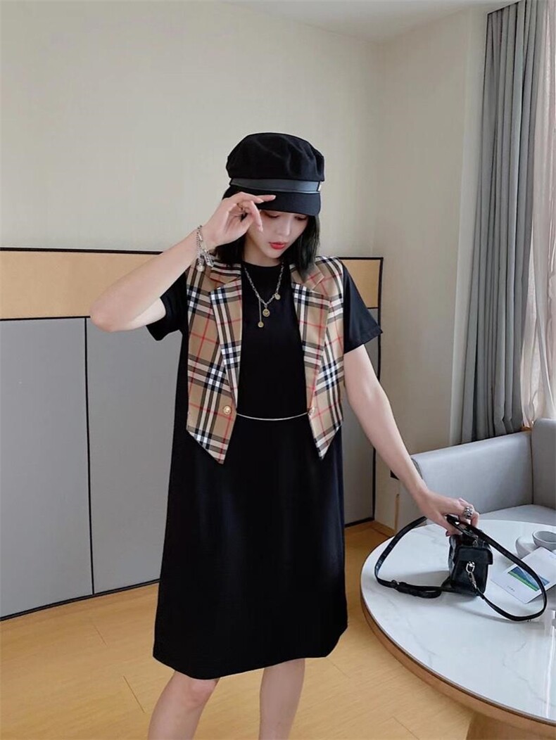 ［爱美欧］夏季新款格子批肩两件套显瘦连衣裙，女装连衣裙，爱美欧