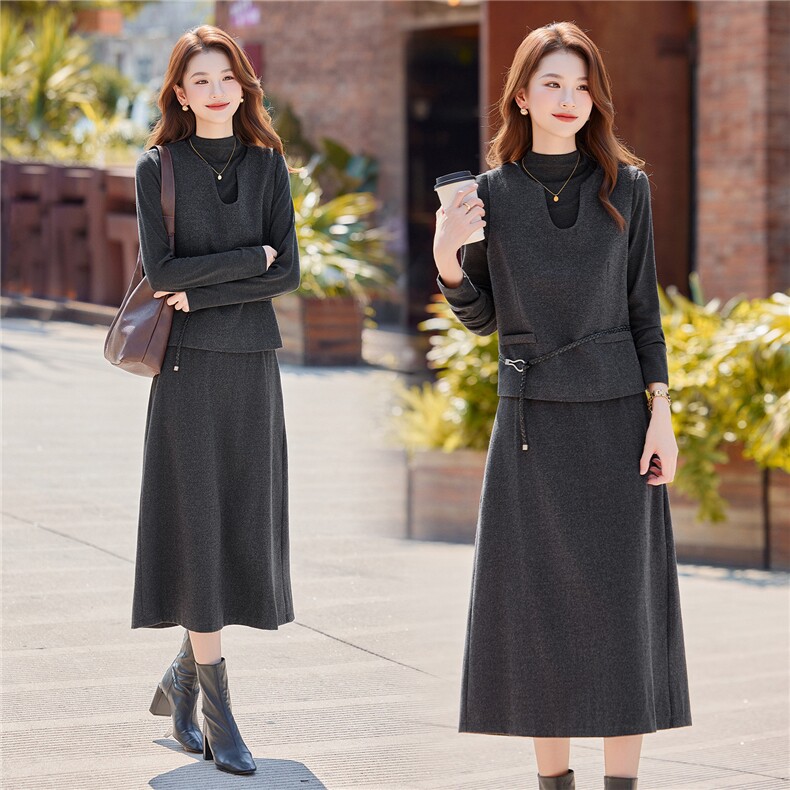 2026年春季新款时尚气质优雅潮流马甲针织打底衫显瘦半裙三件套装，女装套装/套裙，艾贝斯