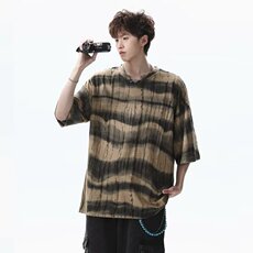 设计感v领条纹破洞t恤男款夏季短袖美式高街痞帅古着vintage衣服，男装T恤，星座506A
