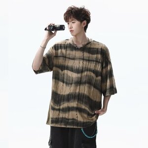设计感v领条纹破洞t恤男款夏季短袖美式高街痞帅古着vintage衣服图片