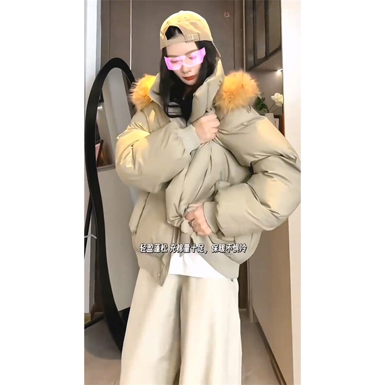现货三防重磅硬挺boxy短款羽绒棉衣座山雕大毛毛领PU皮棉服外套冬,男装棉衣,电商A486-1