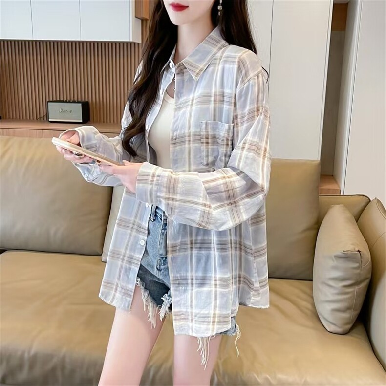 美式浅蓝色防晒格子衬衫外套女夏季小个子薄款衬衣女款开衫上衣图片