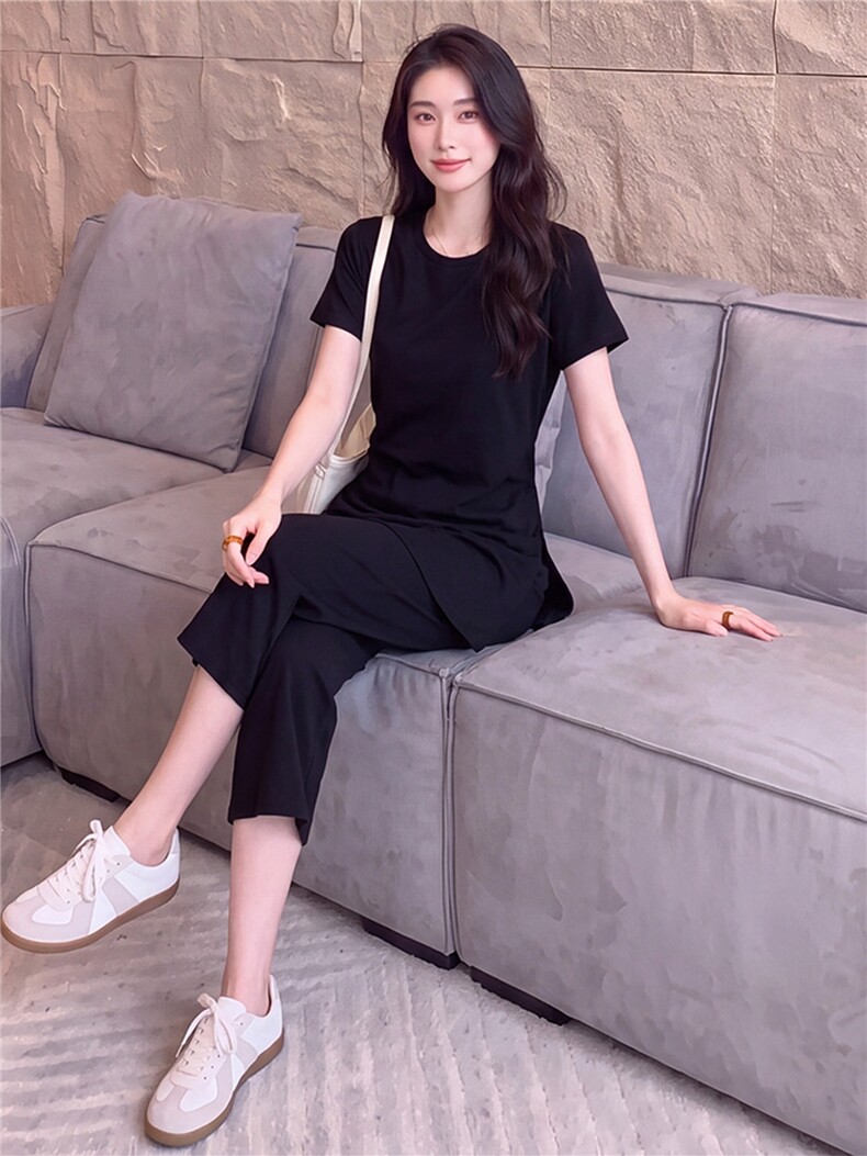 潮流时尚休闲套装女夏新款黑色圆领褶皱收腰短袖上衣九分裤两件套,女装套装/套裙,江南