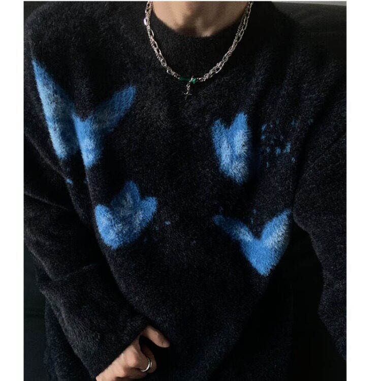 网图暗黑系蝴蝶提花毛衣男高级感马海毛水貂绒针织衫MY311-特P57图片