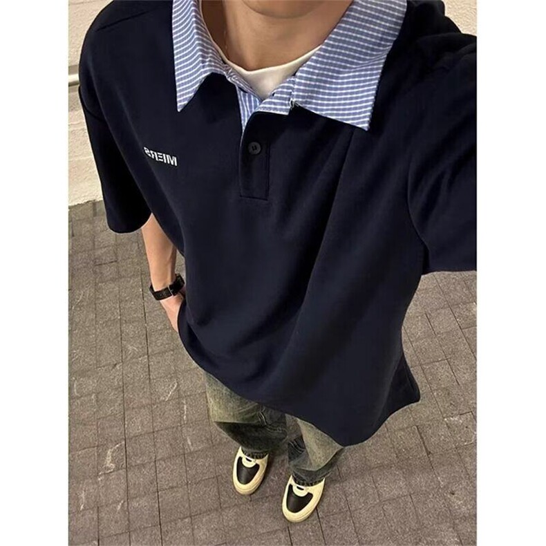 格子衬衫领拼接假两件POLO衫男款夏季半袖高级感宽松短袖T恤上衣,男装Polo衫,星座1116A（原606A-3）