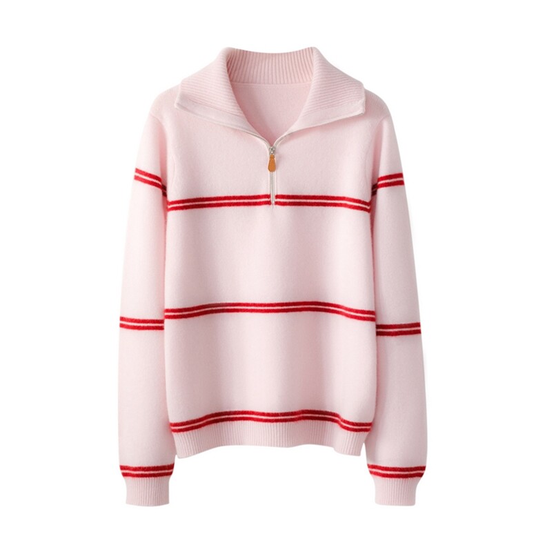 2025秋冬新款女羊绒衫100%纯山羊绒加厚保暖套衫翻领条纹针织套衫，女装羊绒衫，绒知纯羊绒