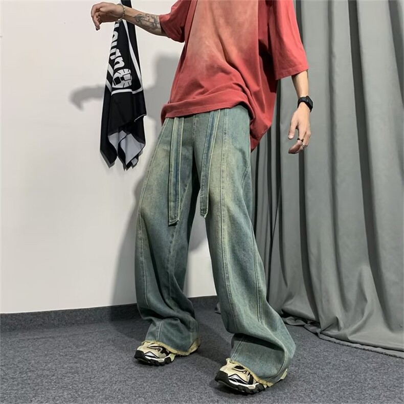 春夏ins潮宽松直筒拖地裤高街毛边牛仔裤男阔腿休闲裤N506-P50,男装牛仔裤,星座1109-3