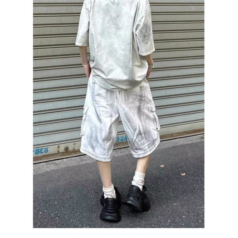 网络图美式高街做脏工装牛仔五分裤男夏季新款百搭宽松直筒短裤,男装牛仔裤,星座410-7