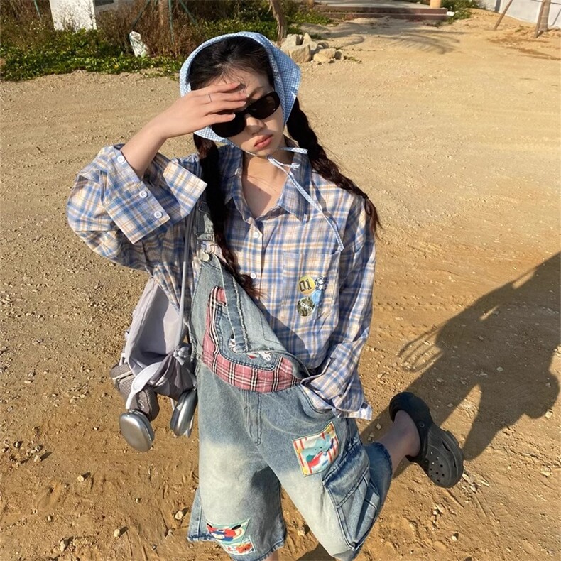 美式徽章印花格纹长袖衬衫女2025春夏宽松休闲衬衣外套潮,男装衬衫,星座1210-1