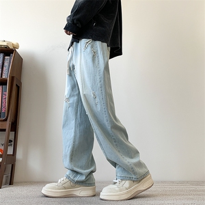 S-3XL 夏季薄款冰丝裤直筒宽松破洞牛仔裤 310A-2 BK312 p55 控78图片
