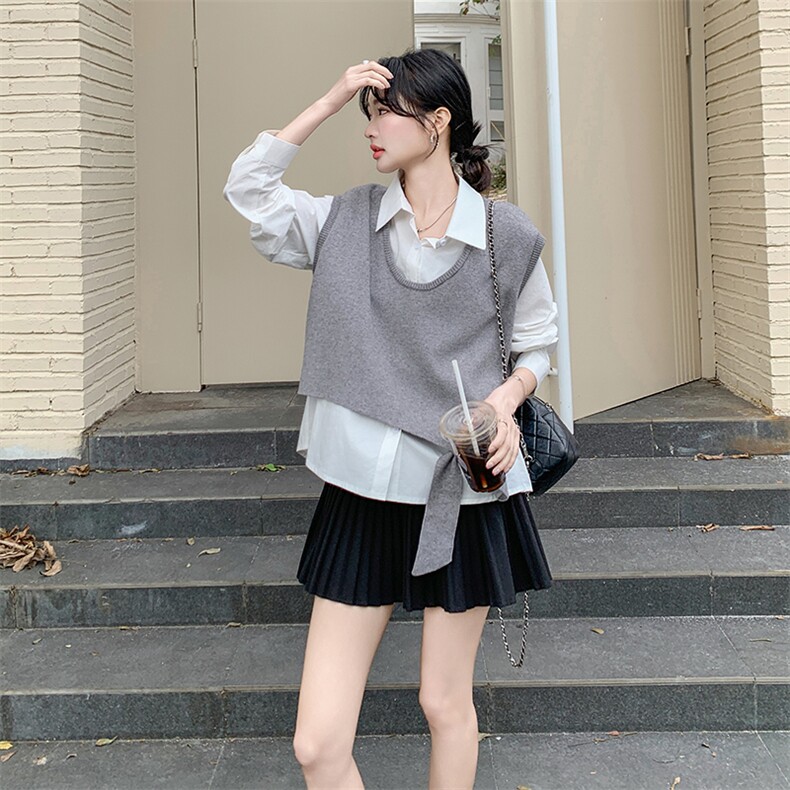 高级松弛感穿搭套装女2025春新款设计感系带针织马甲衬衫两件套,女装套装/套裙,维壹