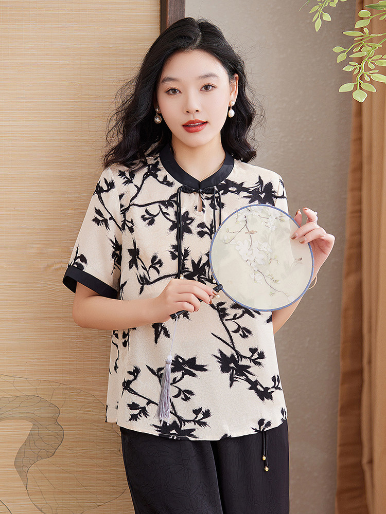 时尚优雅别致设计感新中式清新透气小衫百搭2025,女装蕾丝衫/雪纺衫,媚琳依坊
