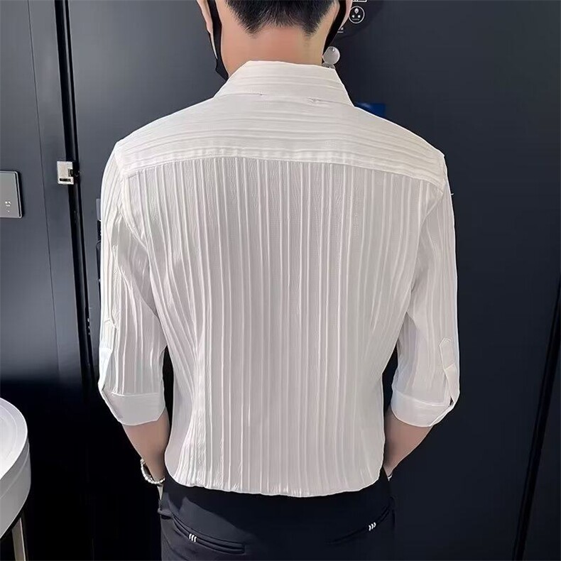 七分袖衬衫男痞帅夏季薄款男士中袖上衣短袖寸衣时尚条纹休闲衬衣,男装T恤,星座410-7