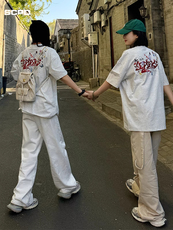 网络图！连肩万针刺绣短袖T恤凉感防晒街头潮宽松男女款T141，男装防晒衣，星座103A-1