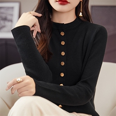 V领开衫毛衣女外穿短款春秋冬显瘦长袖纯色33%羊毛针织外套，女装羊毛衫，朝思羊绒