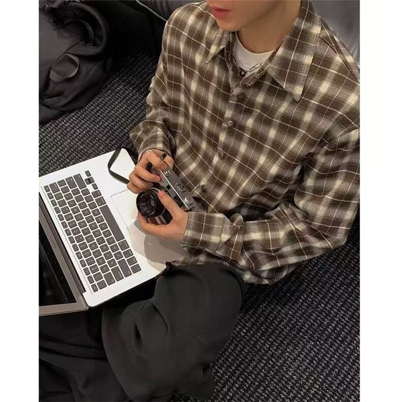 春秋新款下摆流苏破坏衬衣男女经典基础翻领复古格子衬衫外套上衣,男装衬衫,星座516A