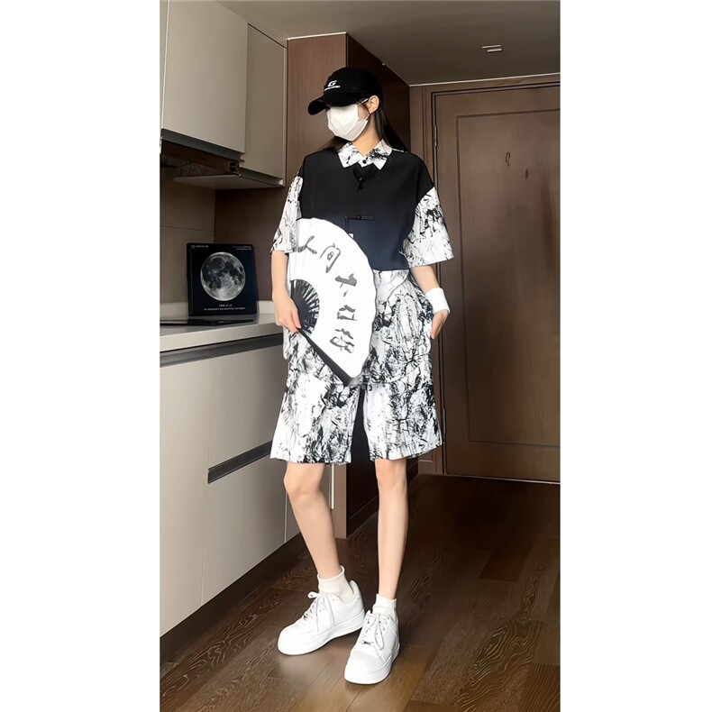 风新中式盘扣拼接短袖衬衫短裤套装时尚情侣套装TZ605-特P58,男装衬衫,电商A006