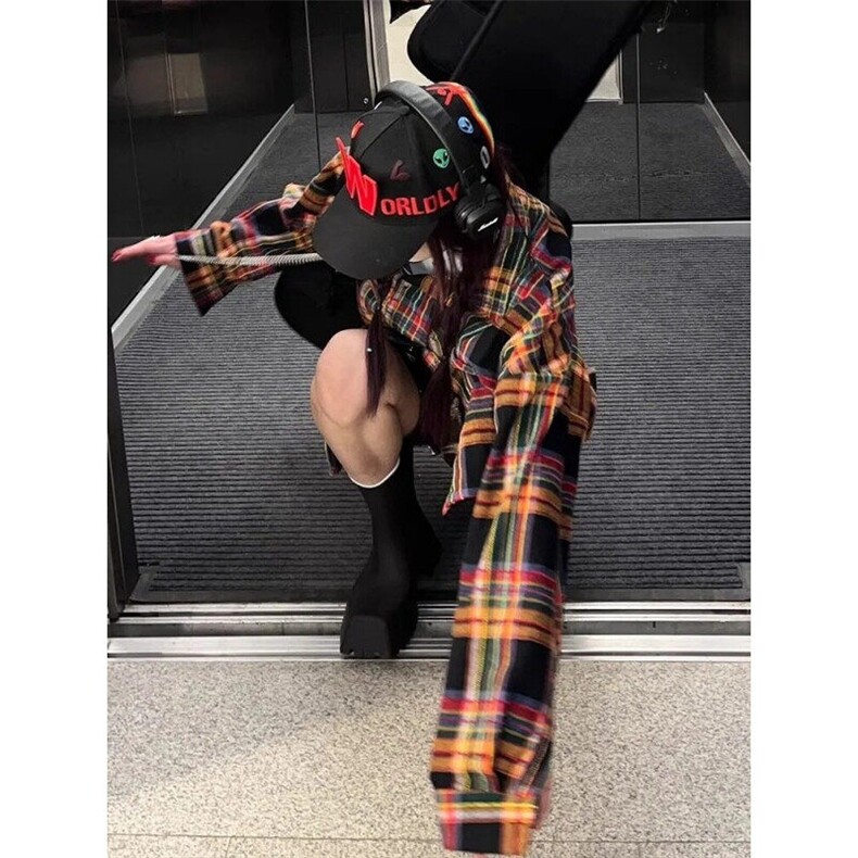 美式复古拼色格子衬衫男女春秋格子polo领长袖衬衫外套女CY31,男装衬衫,星座1116A（原606A-3）